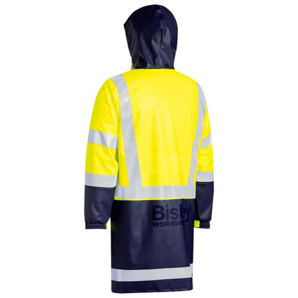 Hi-vis yellow and navy rain coat with reflective tape, back view showing colour block design and hood