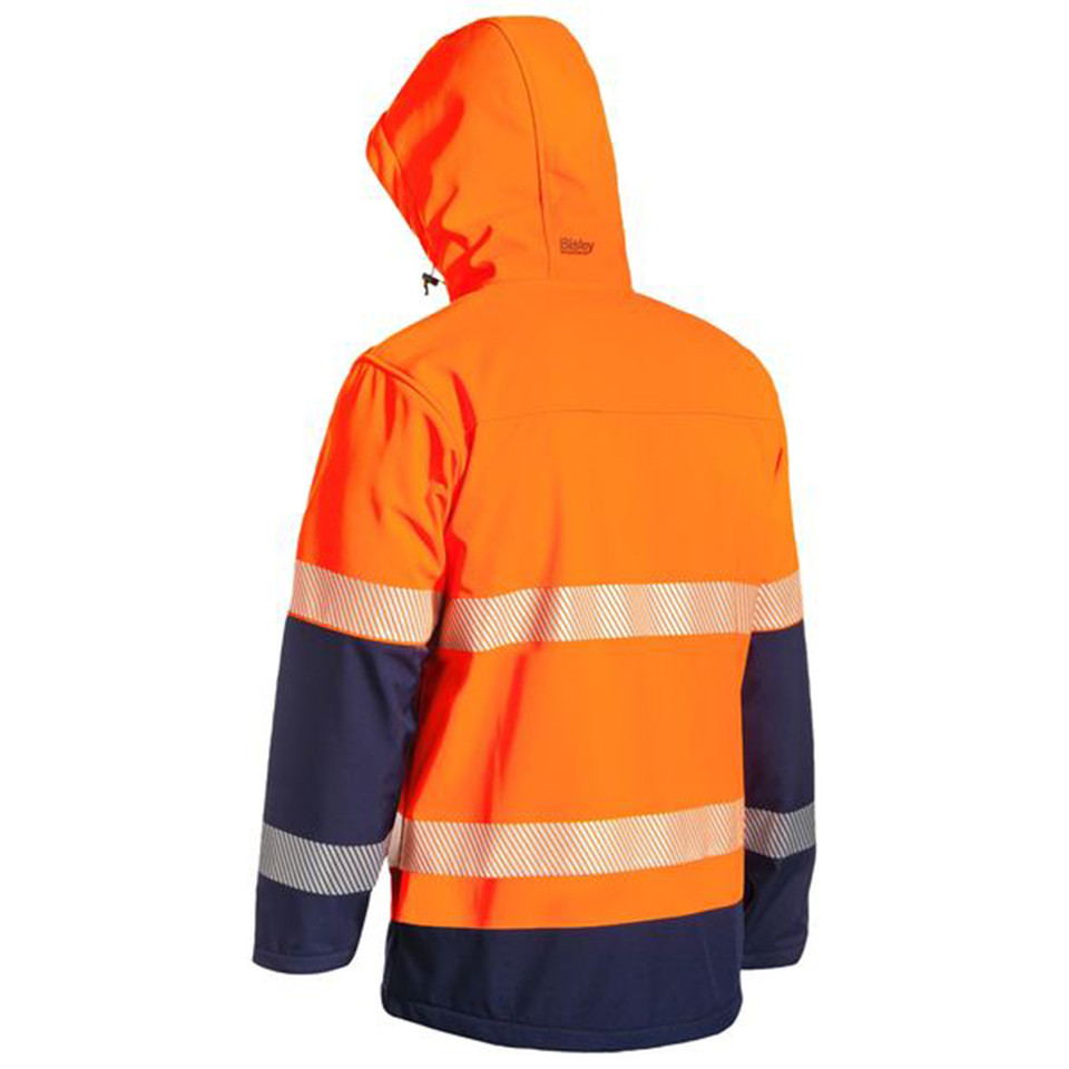 Fluorescent orange and navy hi vis fleece jacket with hood and reflective silver tape across torso and sleeves