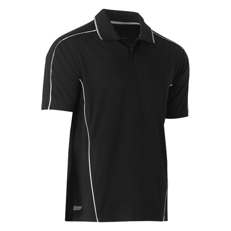 Black polo shirt with white reflective piping along collar, sleeves and side seams