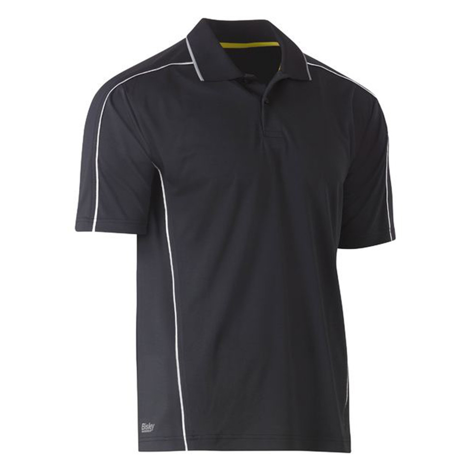 Charcoal grey polo shirt with white reflective piping along collar, shoulders and sides