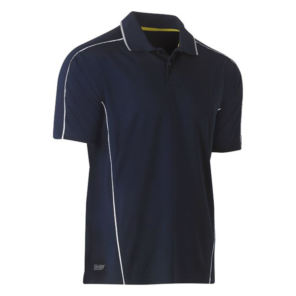 Navy blue polo shirt with white reflective piping detail along collar and side seams