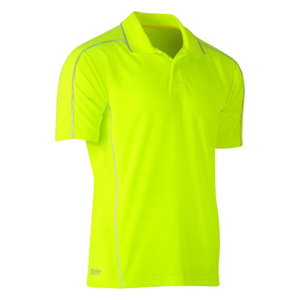 Hi-vis yellow short sleeve polo shirt with silver reflective piping along shoulders and side seams