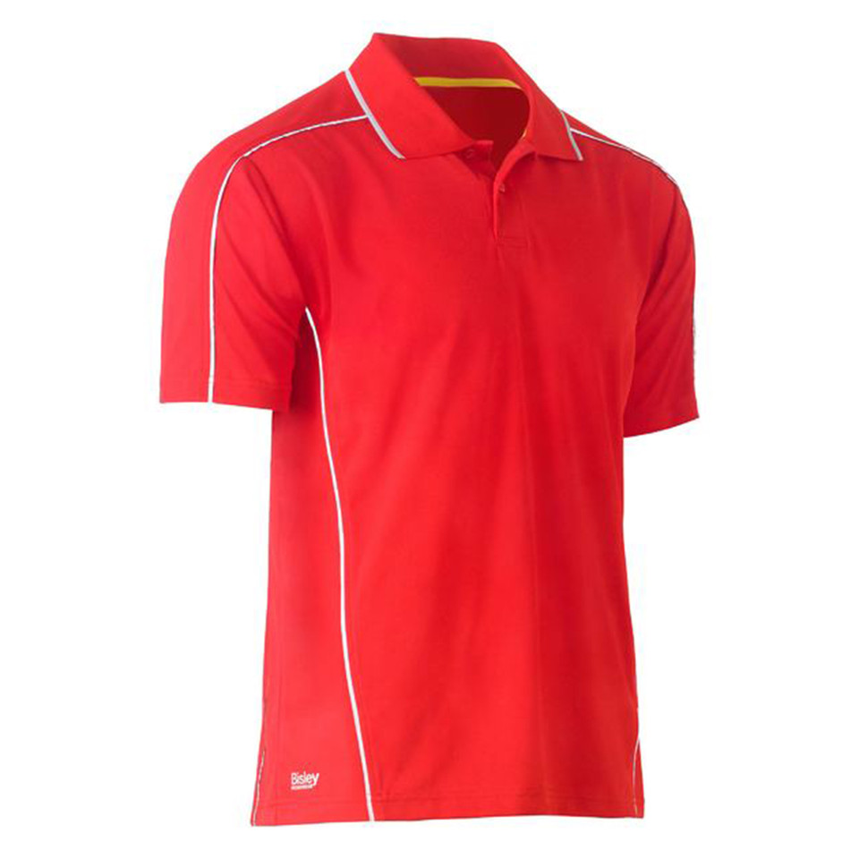 Red short sleeve polo shirt with white reflective piping along shoulders and side seams, three-button placket, flat front panel