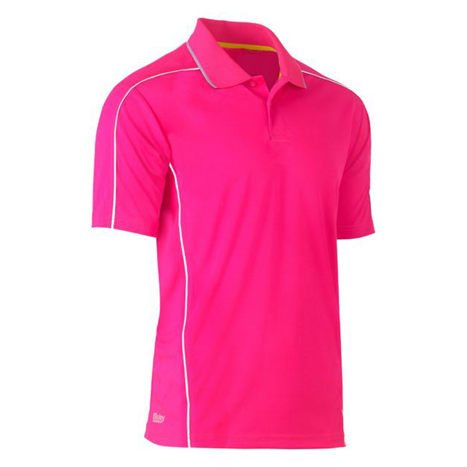 Hot pink short-sleeve polo with white reflective piping on shoulders and side panels, three-button placket