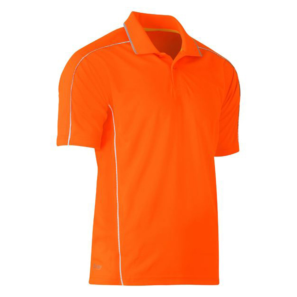 Hi-vis orange cool mesh polo shirt with reflective white piping on shoulders and side seams