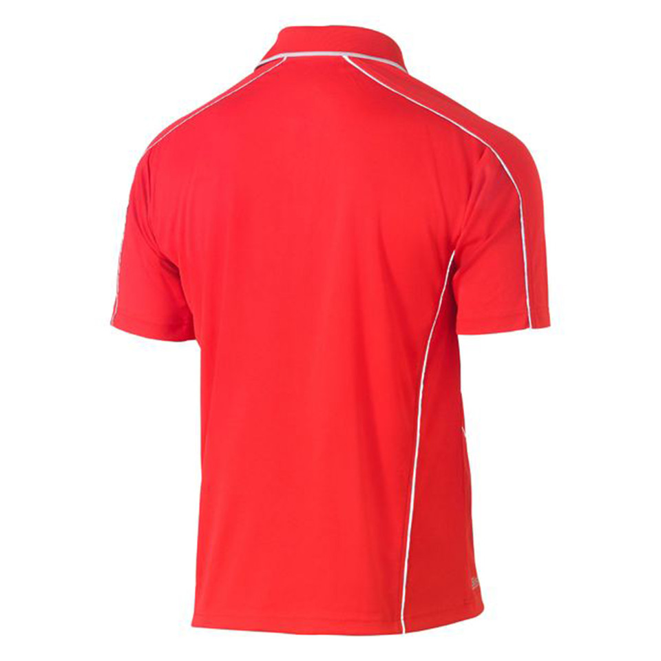 Red cool mesh polo shirt rear view with white reflective piping along shoulders and side seams