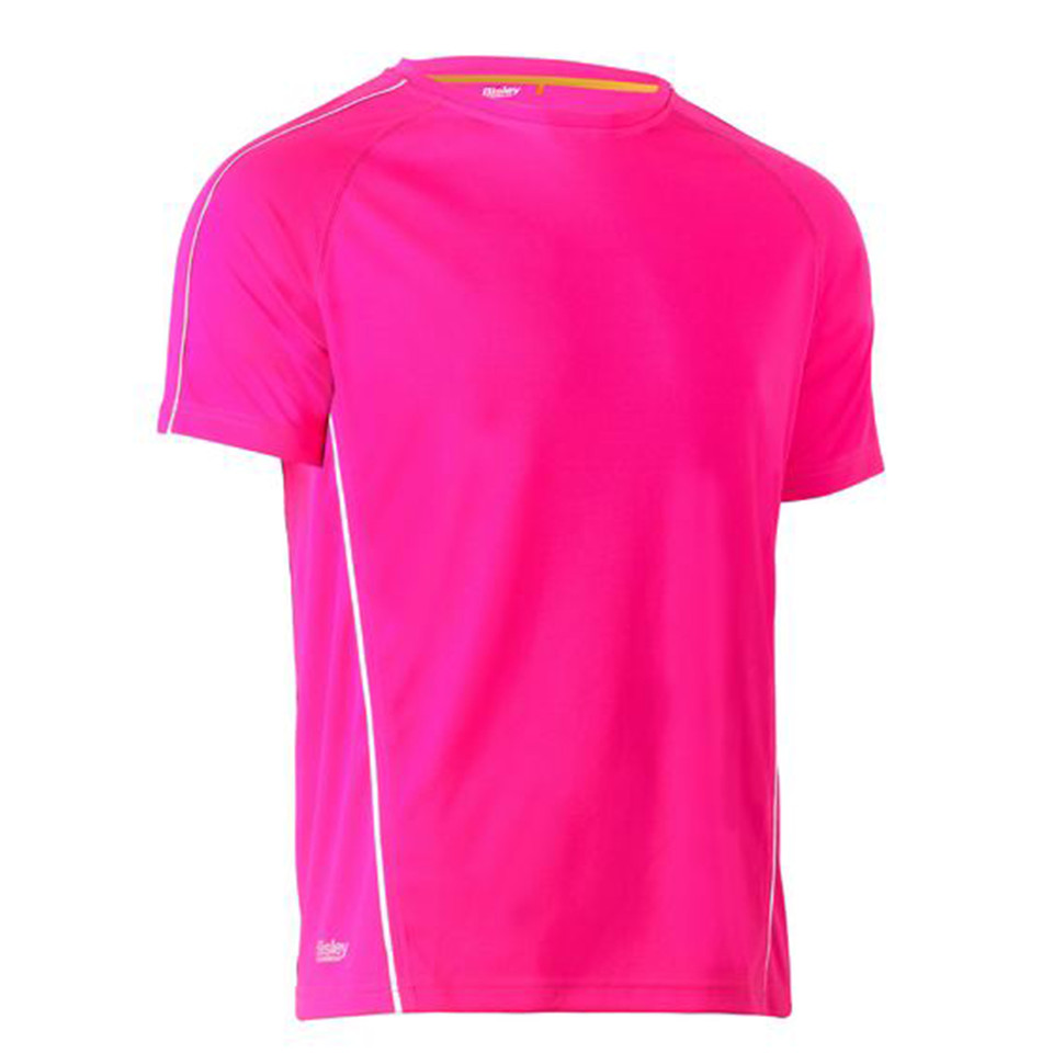 Hot pink athletic mesh tee with white reflective piping down side seam and orange contrast neck trim