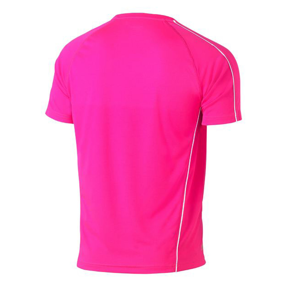 Back view of a hot pink cool mesh tee with white reflective side piping and crew neck