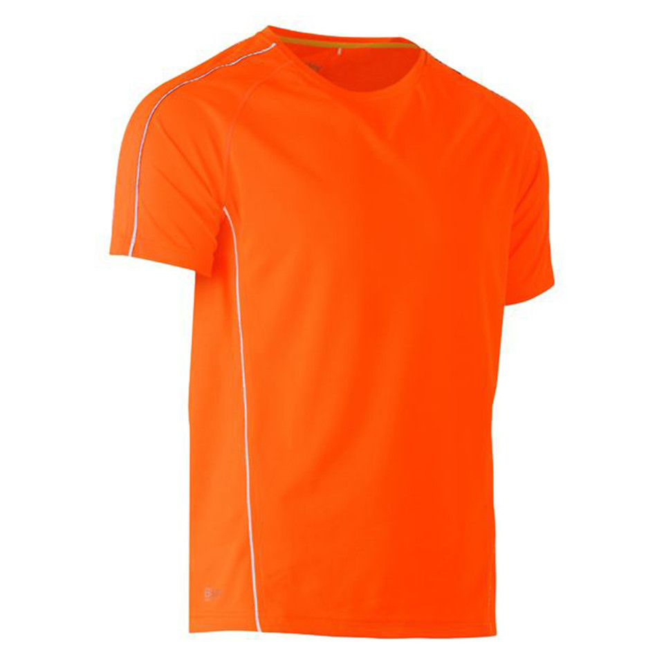 Hi-vis orange cool mesh crew neck tee with white reflective piping along shoulder and side seam