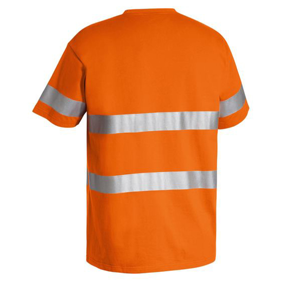 Back view of hi-vis orange cotton T-shirt with two horizontal silver reflective tape bands across body and sleeve