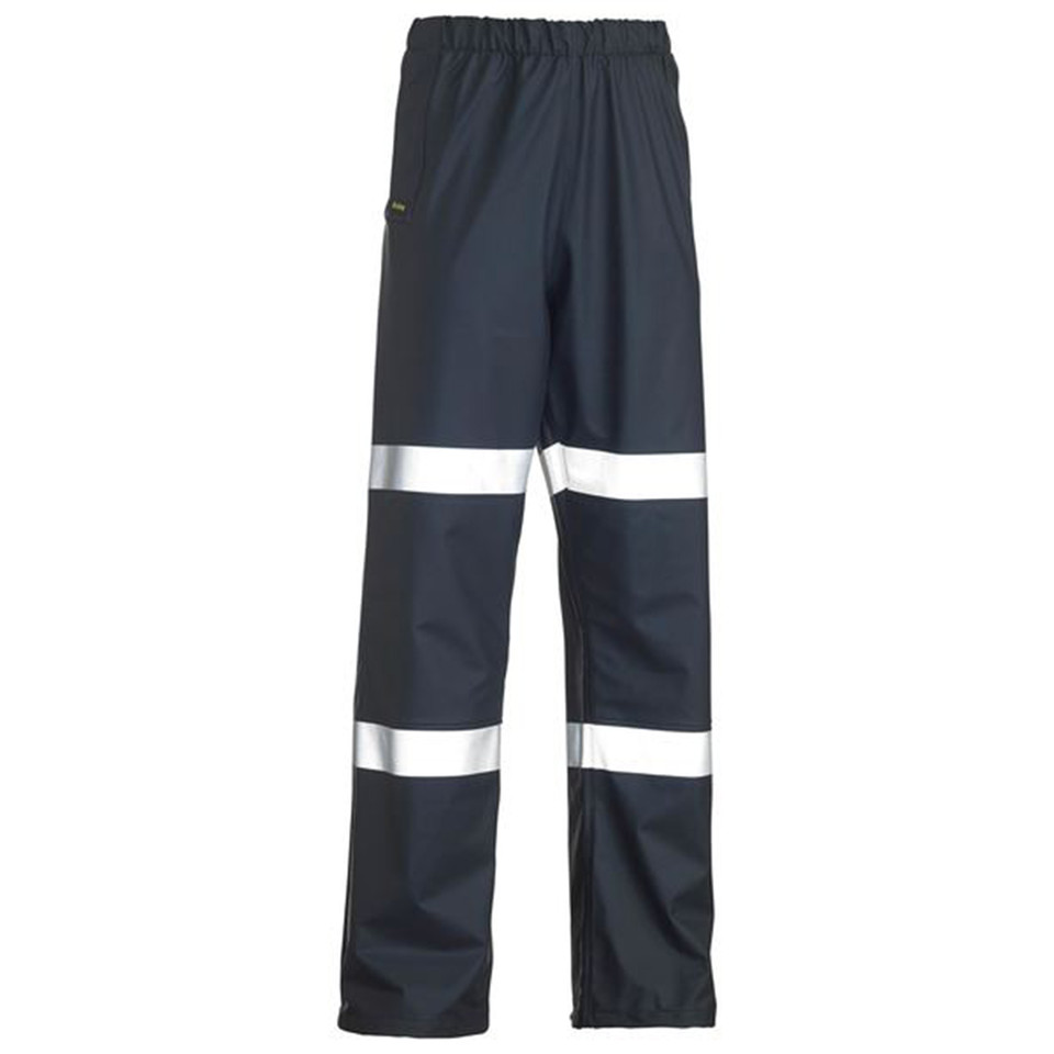 Navy blue rain pants with twin silver reflective tape bands around each leg and elasticated waist