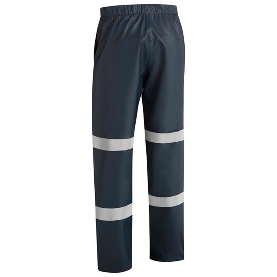 Navy stretch PU rain pants with elasticated waist and dual silver reflective tape bands on lower legs
