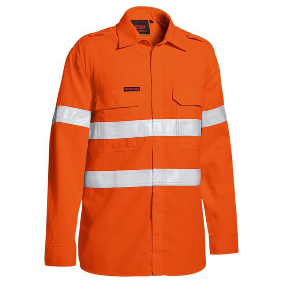 Hi-vis orange fire resistant shirt with silver reflective tape, chest pockets, and shoulder epaulettes