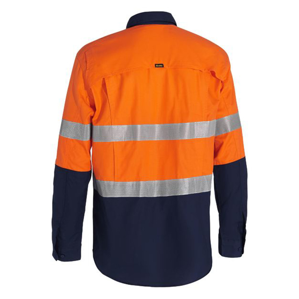 Orange and navy ripstop hi vis work shirt with silver reflective tape across back and sleeves, rear view showing dual chest pockets