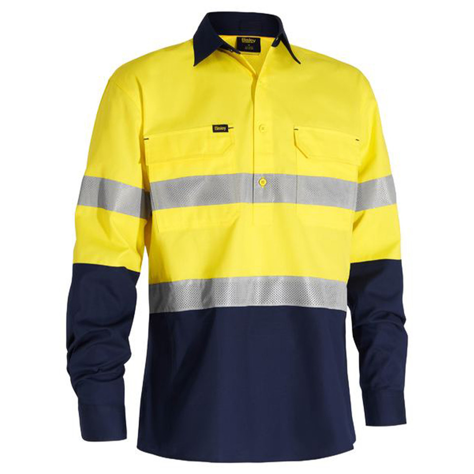 Yellow and navy closed front hi vis long sleeve shirt with reflective tape across chest and sleeves