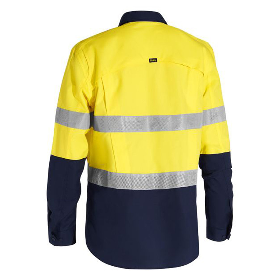Yellow and navy two-tone hi vis ripstop shirt rear view showing dual reflective tape bands and long sleeves