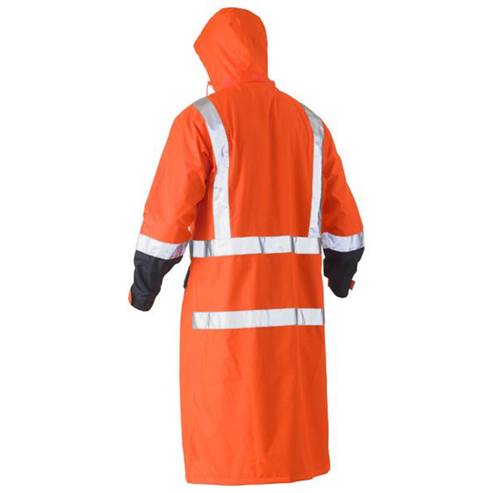 High visibility orange rain coat with reflective silver tape, black cuffs, and attached hood shown from back