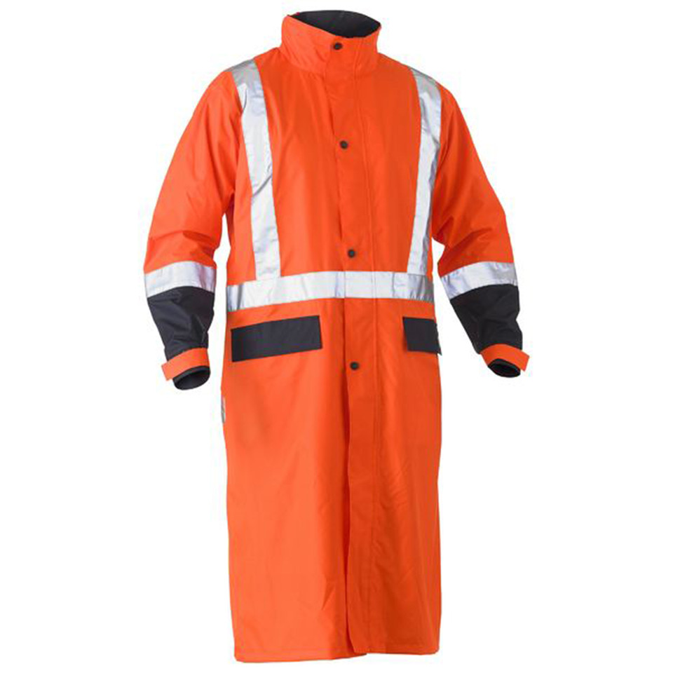 Orange and navy hi vis long rain coat with silver reflective tape, snap button front, and knee-length cut