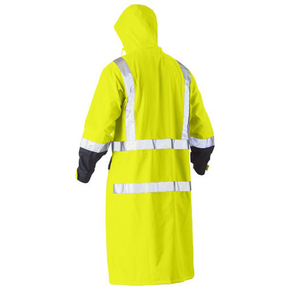 Safety yellow hi-vis rain coat with reflective tape and black cuffs shown from back with hood up