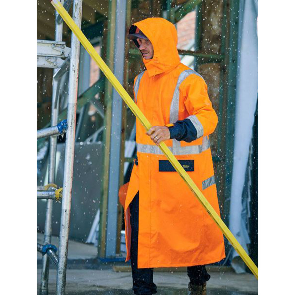 Hi-vis orange waterproof rain coat with reflective tape, hood, and navy contrast panels on sleeves and pockets