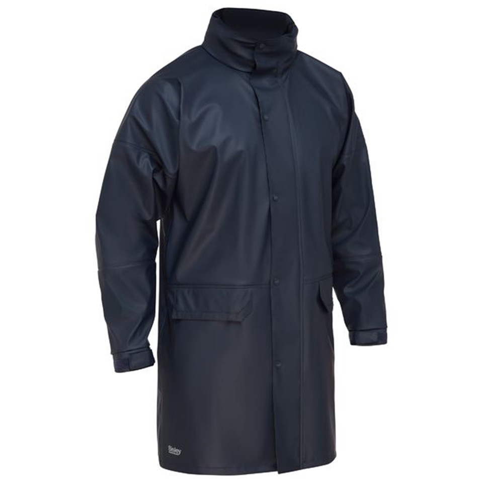 Navy blue waterproof rain coat with high collar, front storm flap, and large patch pockets