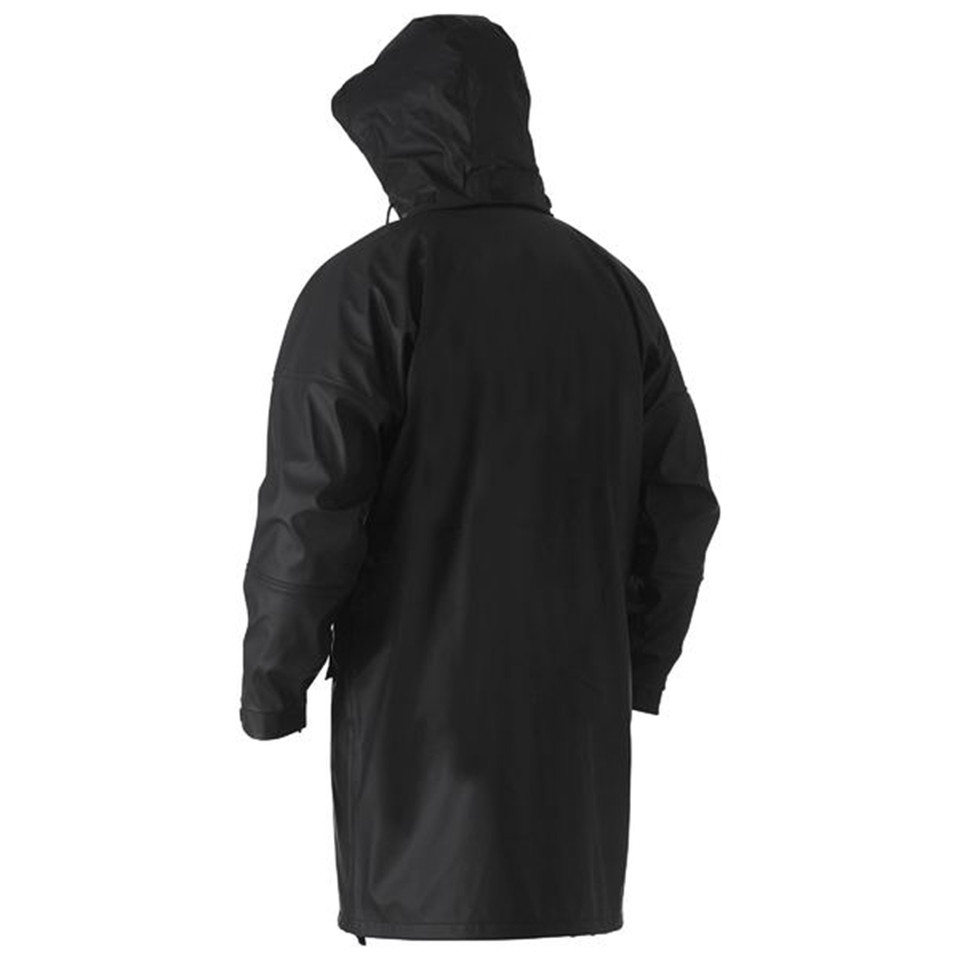 Black long-line hooded rain coat, rear view showing smooth PU finish and full-length cut