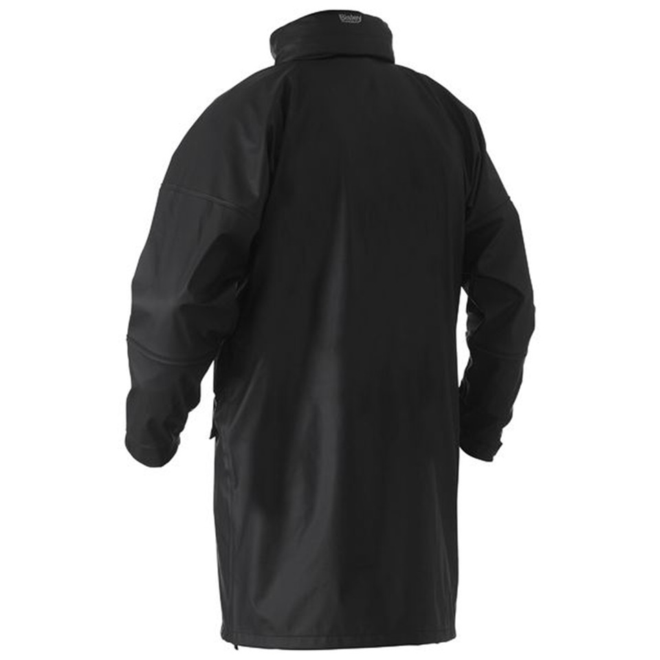Rear view of a black stretch PU rain coat with high collar, articulated sleeves and long hem on male model