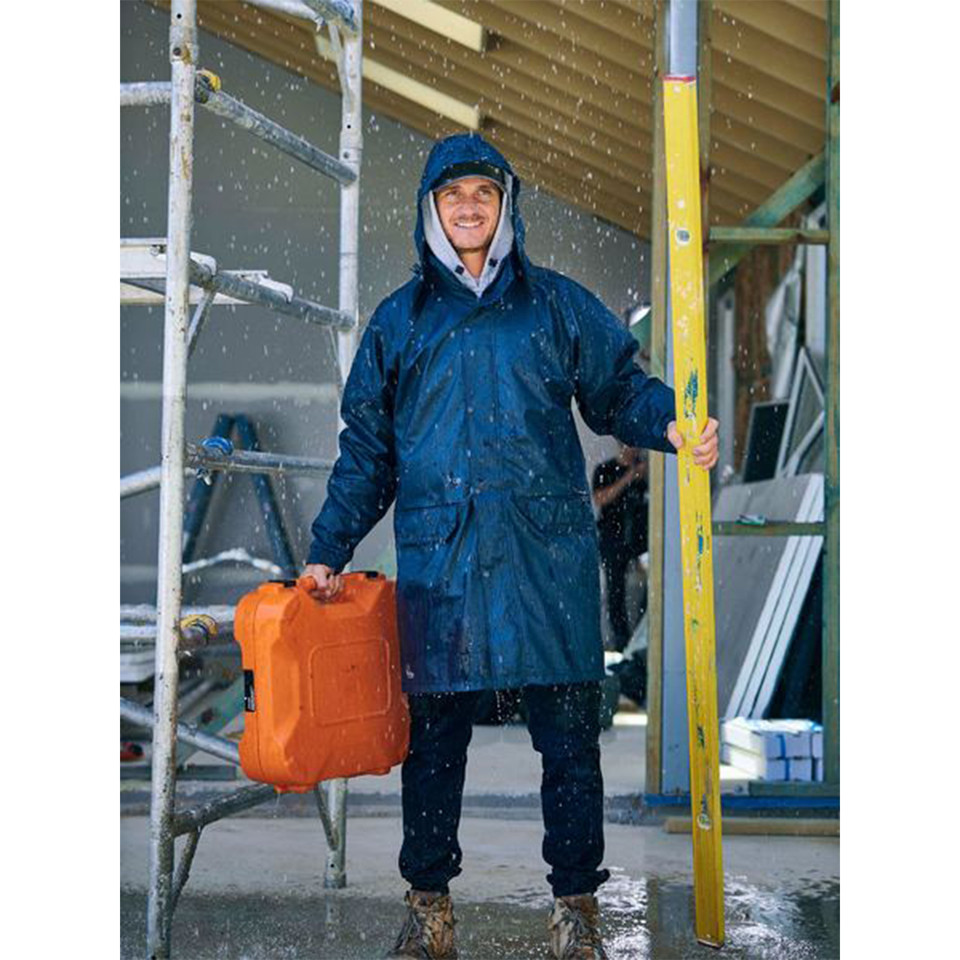Navy blue stretch PU rain coat with hood, shown on construction site in snowy conditions