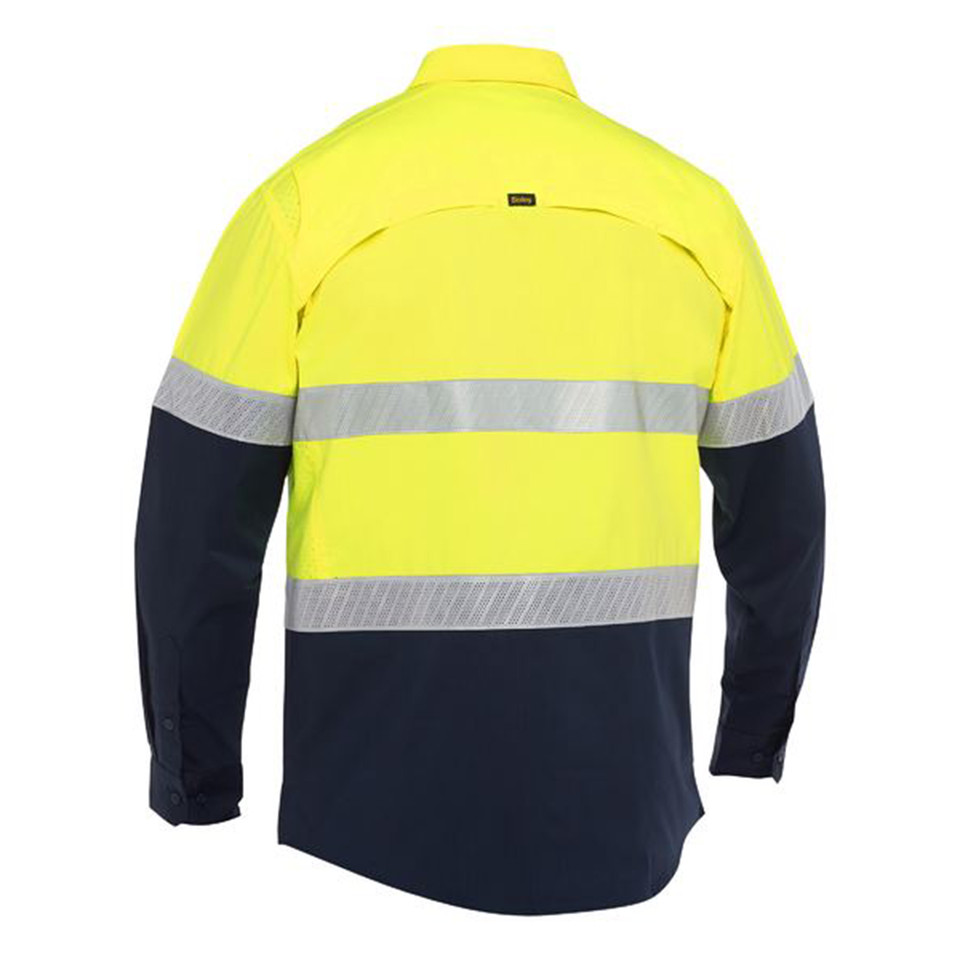 Hi-vis yellow and navy ripstop work shirt with silver reflective tape, back view showing ventilated panel design