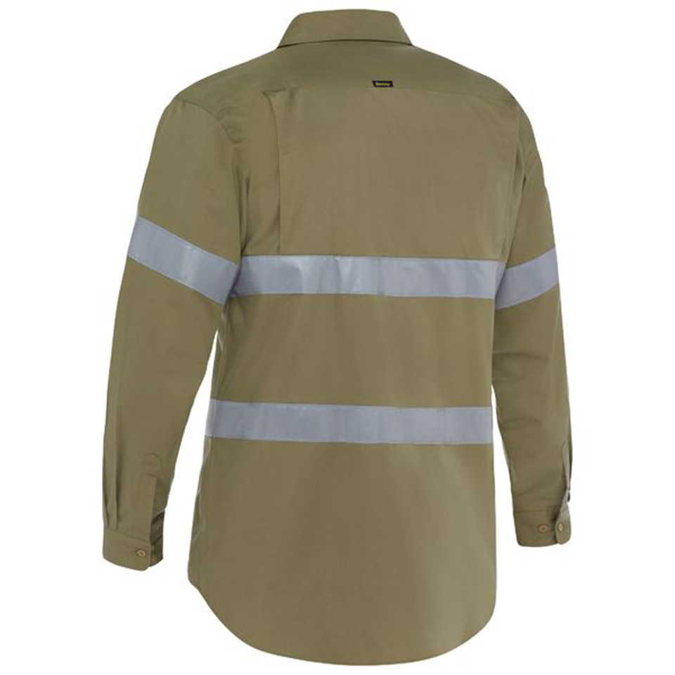 Khaki long sleeve work shirt with silver reflective tape across back and sleeves, rear view showing collar and yoke