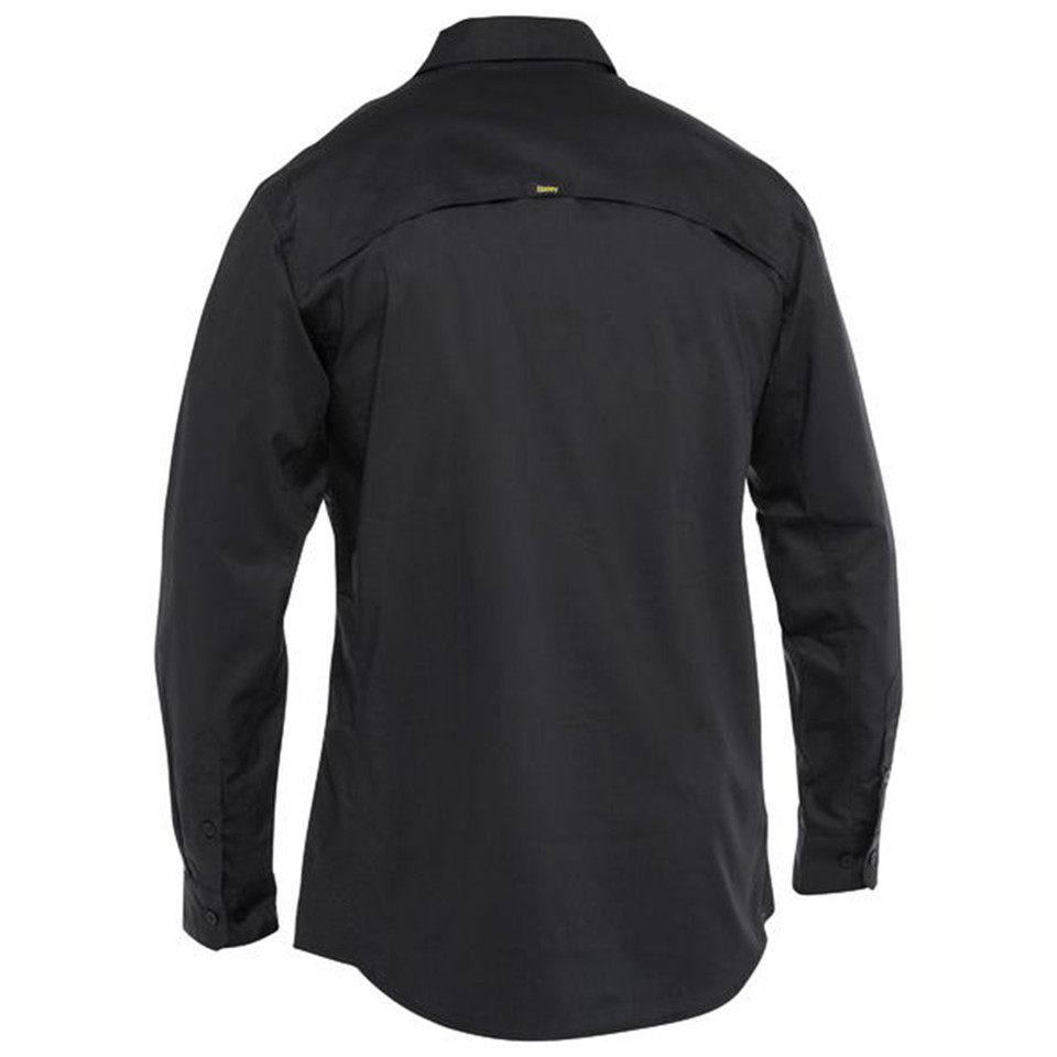Black long sleeve ripstop work shirt rear view showing vented back yoke panel and yellow logo tab