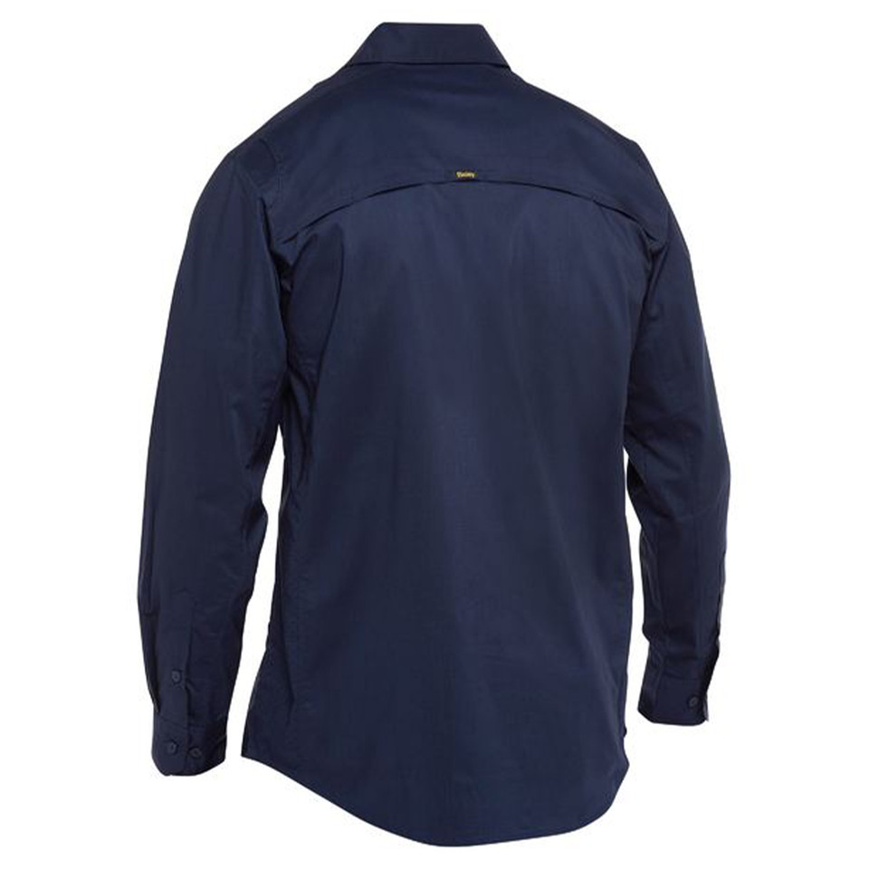 Navy long sleeve ripstop work shirt rear view showing vented back yoke and button cuffs