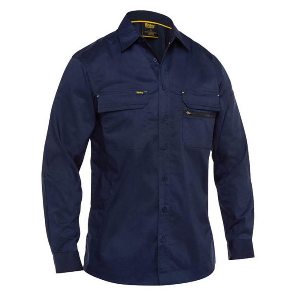 Navy long sleeve work shirt with dual chest pockets and yellow contrast trim details