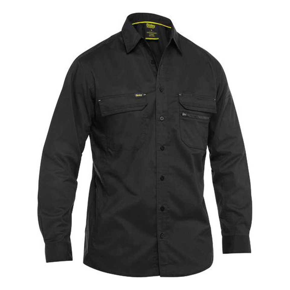 Black long sleeve ripstop work shirt with dual chest pockets, button front and lime accent tab details
