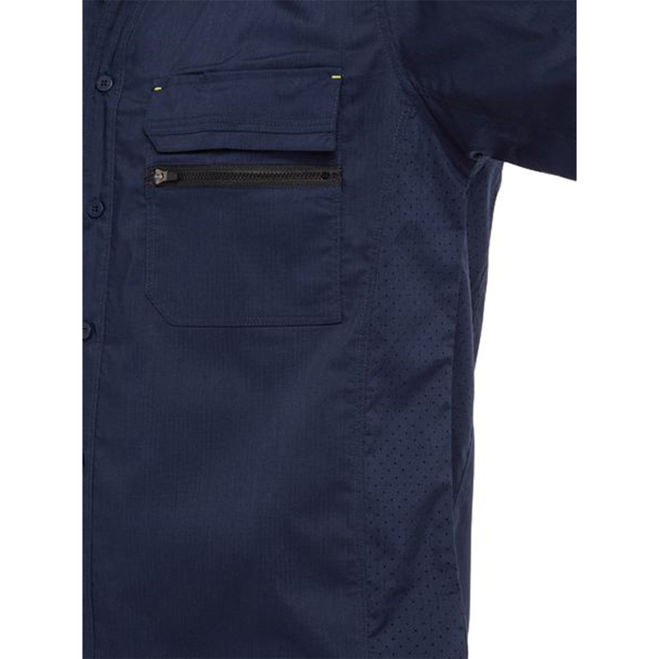 Navy ripstop work shirt with chest pocket featuring zip closure and pen slots