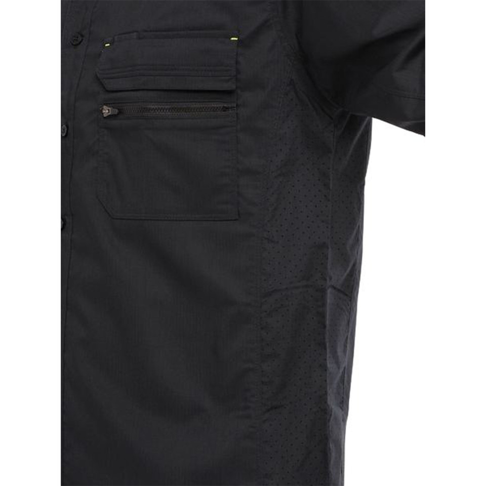 Black ripstop work shirt showing dual chest pockets with zip closure and pen slot details