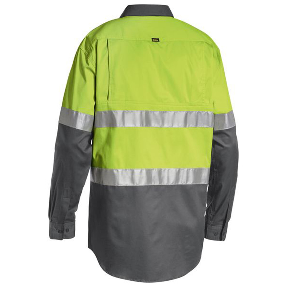 Hi-vis work shirt with yellow fluorescent upper, charcoal lower section, and silver reflective tape across back