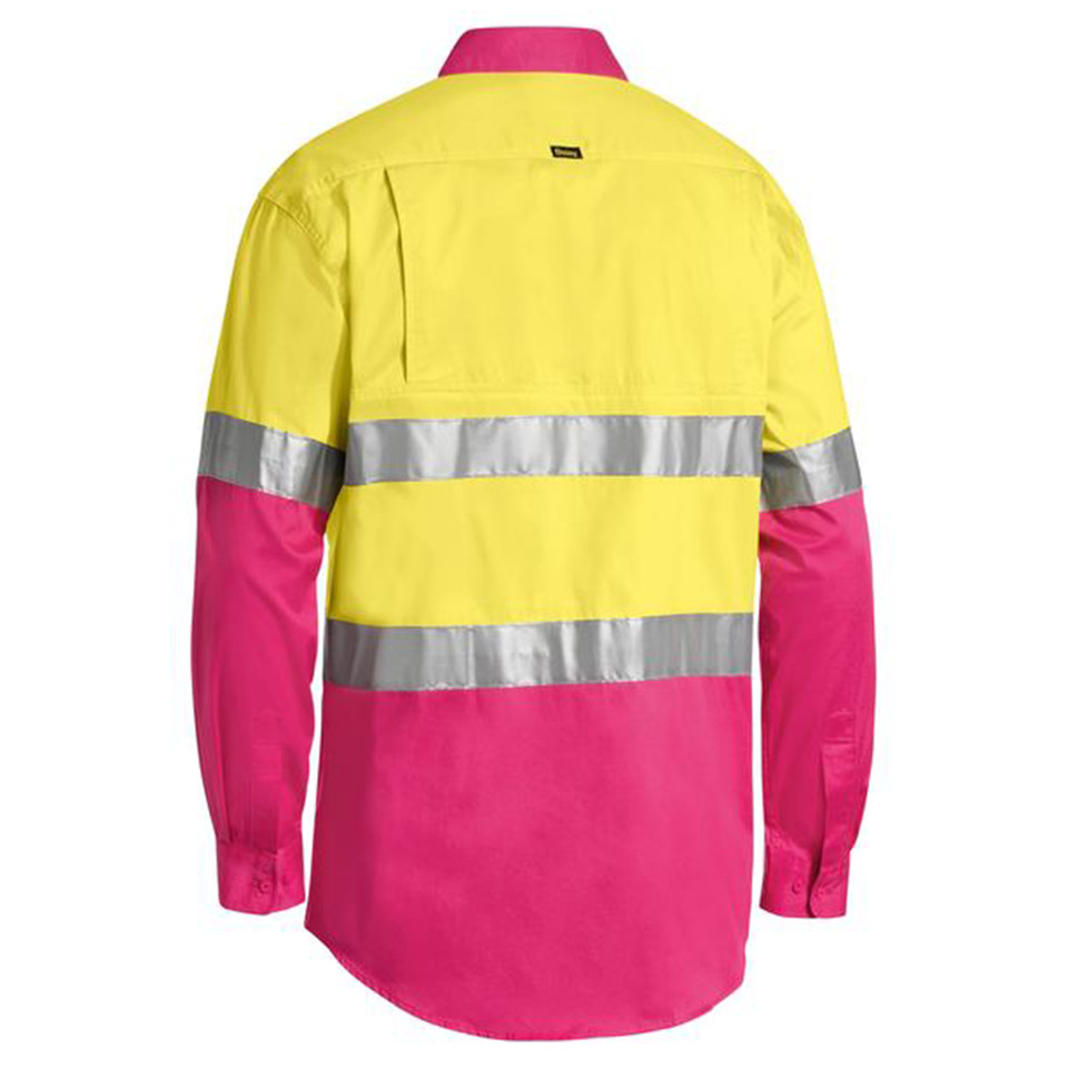 Hi-vis work shirt in yellow and magenta with horizontal reflective tape strips across torso, back view