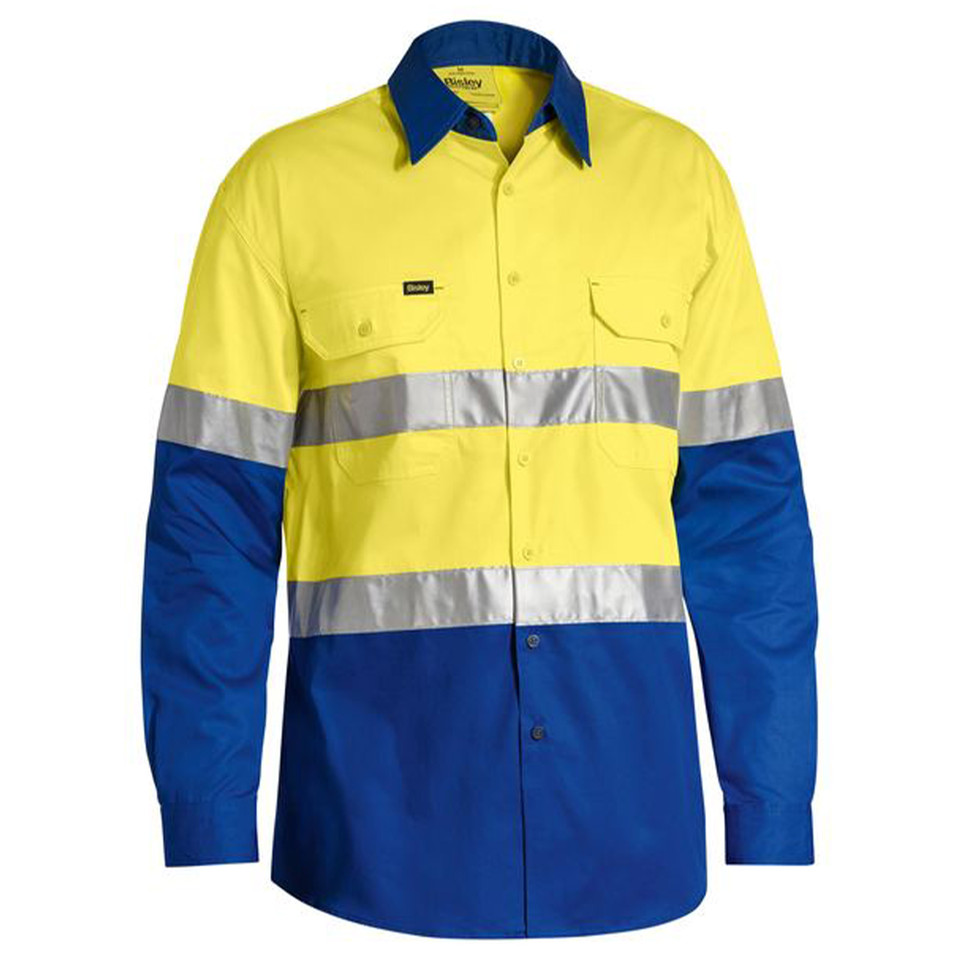 Hi-vis work shirt in yellow and royal blue with reflective tape and chest pockets