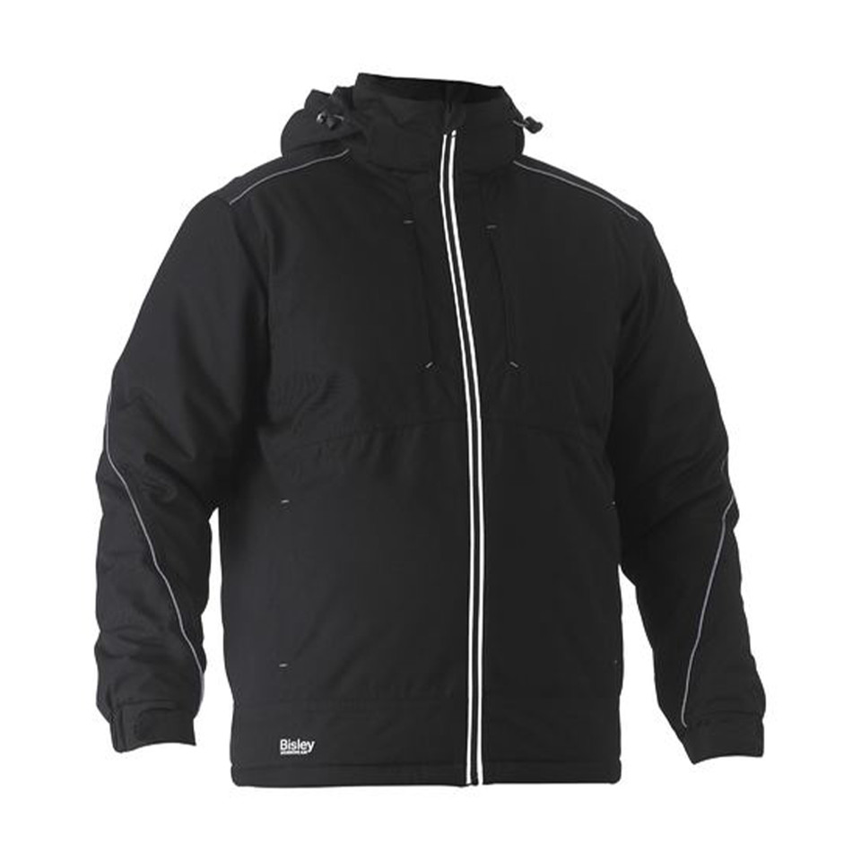 Black heavy duty jacket with white piping trim detail and adjustable hood