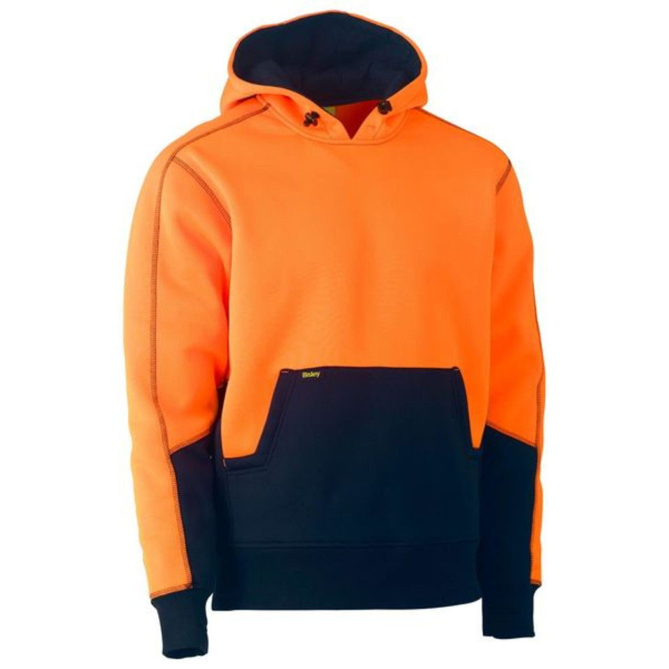 Hi-vis orange and navy fleece hoodie with contrast panels and kangaroo pocket