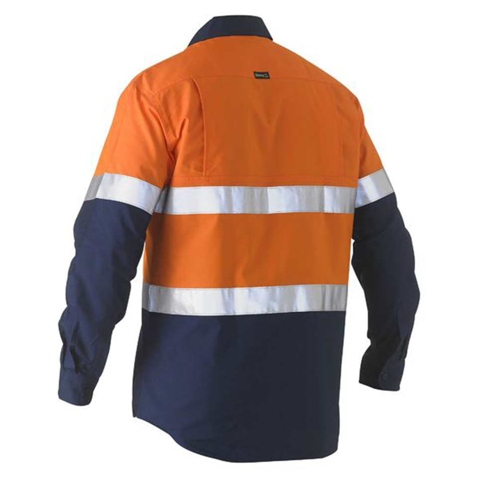 Orange and navy two-tone hi vis drill shirt rear view with horizontal reflective tape bands