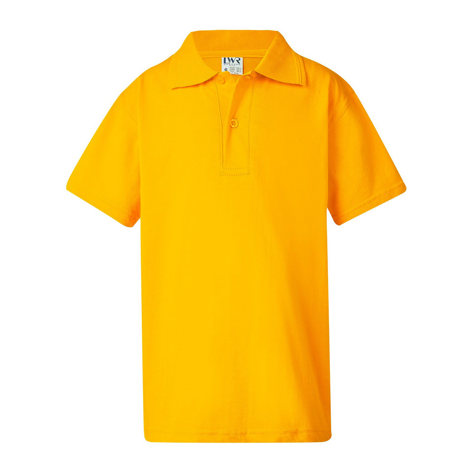 Bright gold kids polo shirt with collar and button placket, short sleeves, flat front panel ideal for decoration
