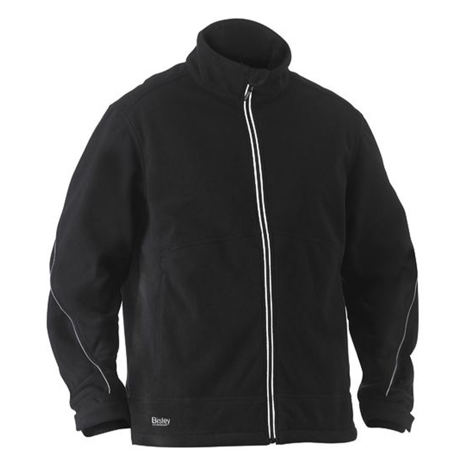 Black bonded micro fleece jacket with white contrast piping along zipper and sleeves, high collar