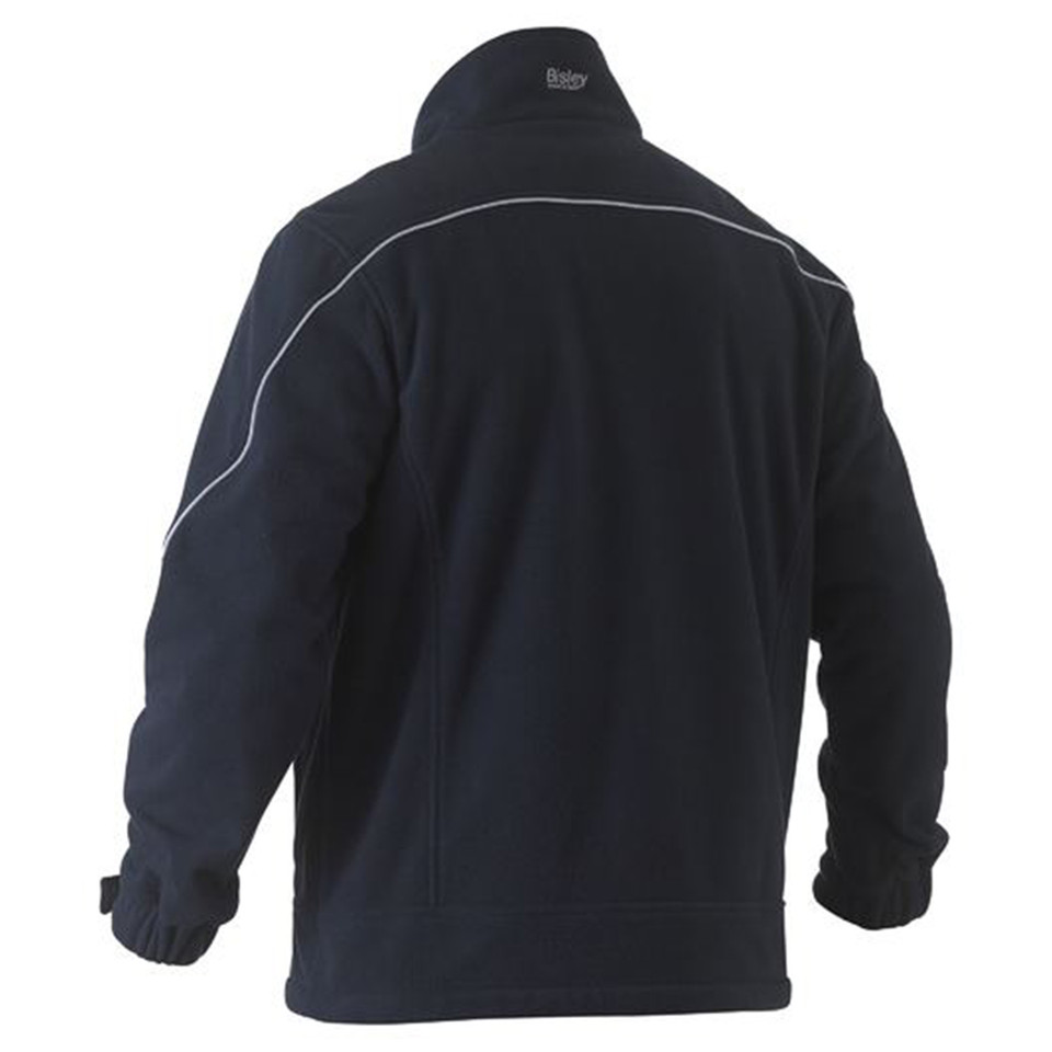 Navy bonded micro fleece jacket with white contrast piping detail on shoulders and back panel