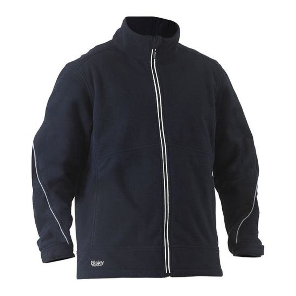 Navy bonded micro fleece jacket with white piping detail along full zip and sleeves
