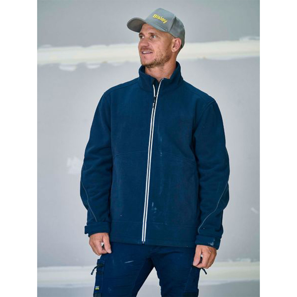 Navy bonded micro fleece jacket with white contrast zipper and stand collar