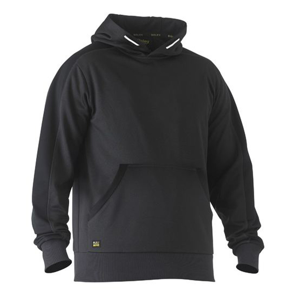 Charcoal grey pullover hoodie with kangaroo pocket, contrast white drawcords, and ribbed cuffs and hem