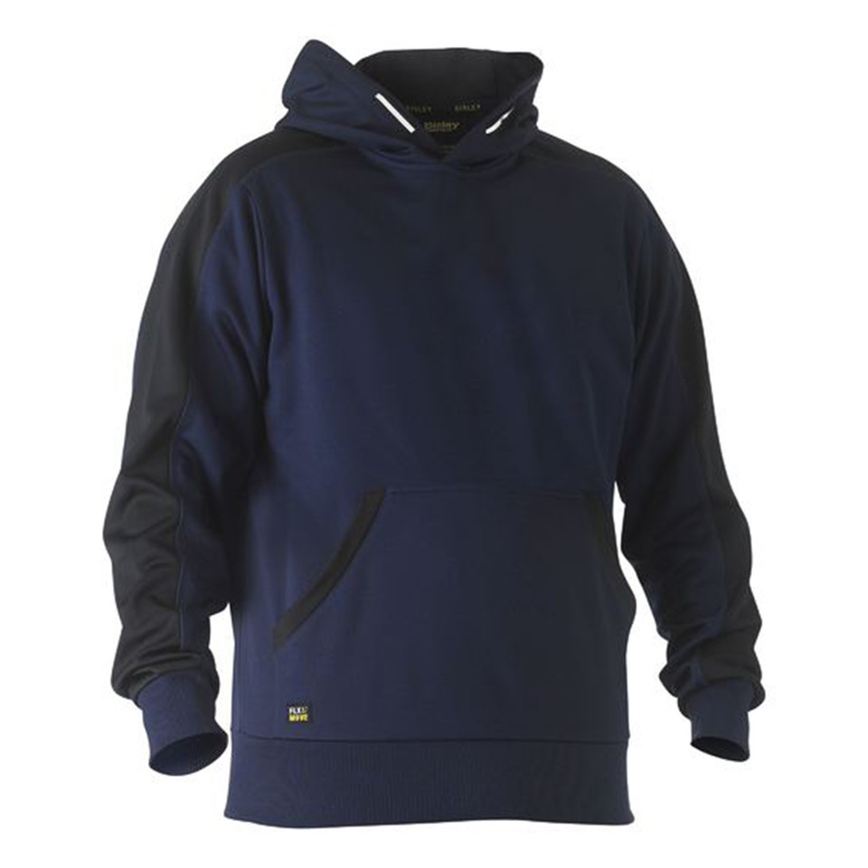 Navy pullover hoodie with kangaroo pocket, contrast black panels on shoulders and sleeves, white drawcord detail