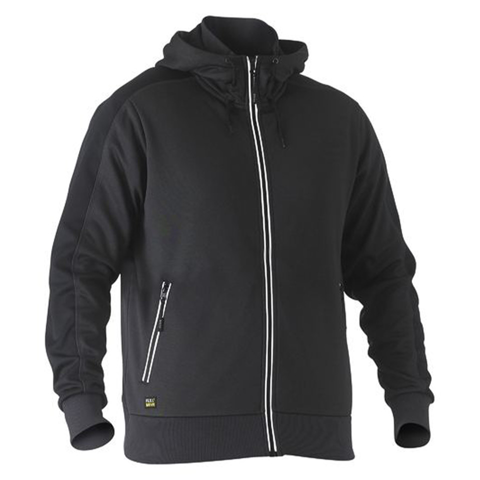 Charcoal grey zip-up hoodie with white contrast zipper trim and angled chest pocket